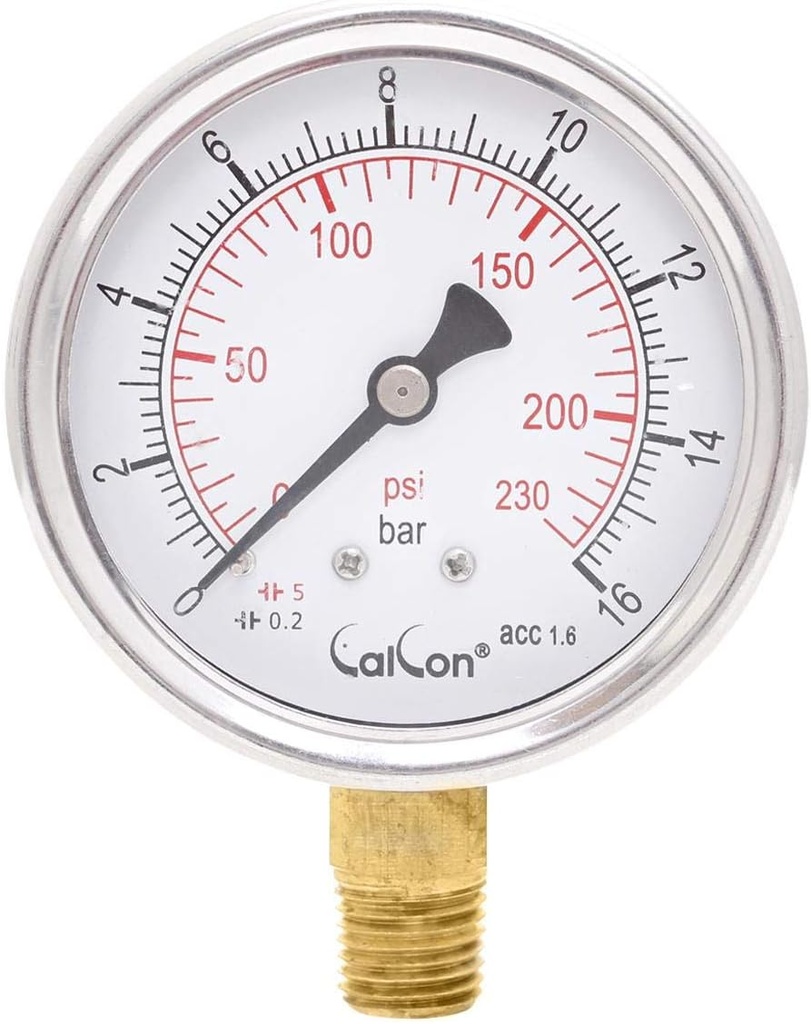 Calcon Pressure Gauge, CC-10-A-63mm, 1/4 Inch NPT Bottom Connection 0+16 Bar / 0+230 PSI SS304 Casing, Tube or Socket - Brass