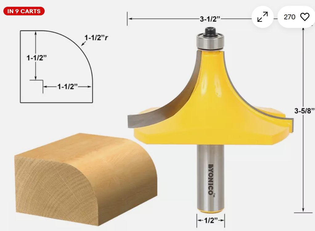 Yonico- Router Bit 1-1/2" Radius Round Over Edge Forming Router Bit - 1/2" Shank -13171