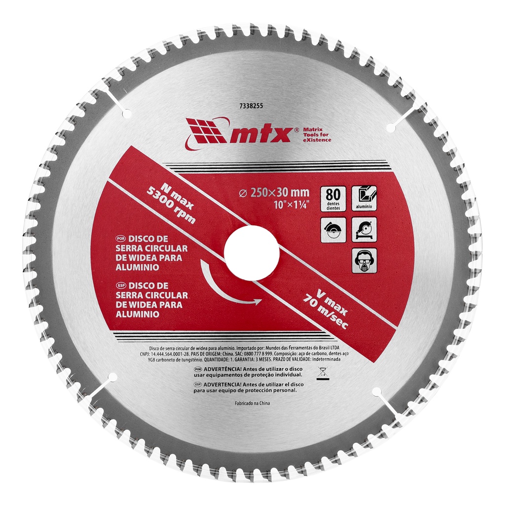 MTX T.C.T. Saw Blade for Aluminum Cutting, 250 × 30 mm, 80T / Пильный диск T.C.T. для резки алюминия, 250 × 30 мм, 80 зубьев — 7338255