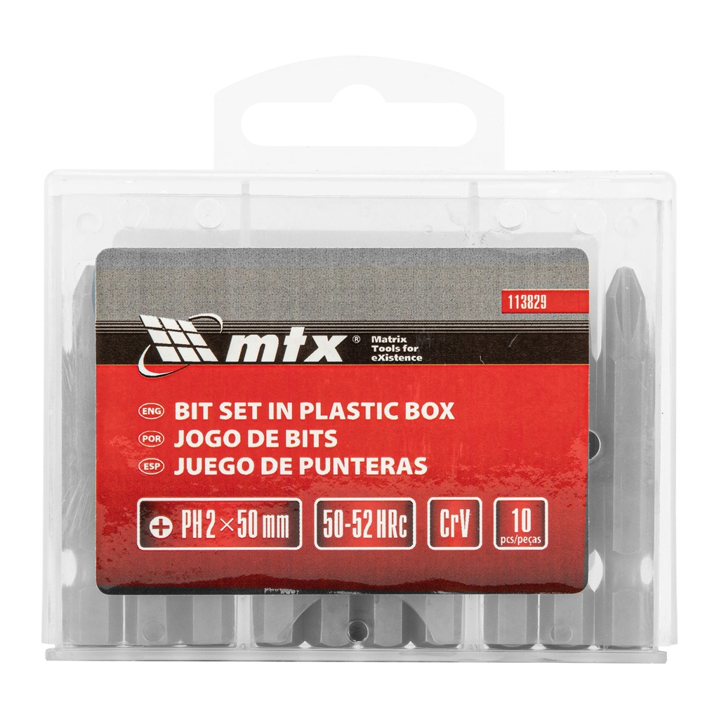 MTX Bit Set, PH2 × 50 mm, CrV Steel, 10 pcsin plastic case / MTX Набор бит, PH2 × 50 мм, сталь CrV, 10 шт, Art. 113829