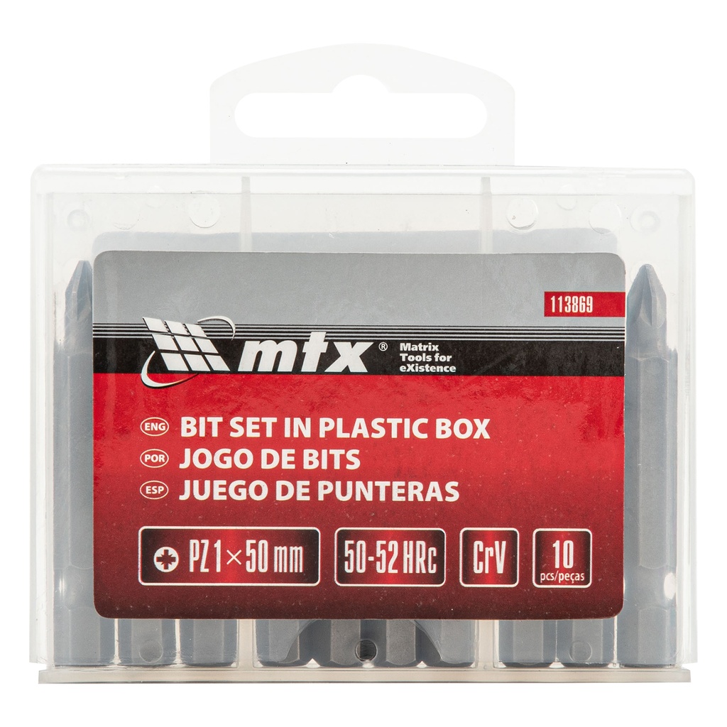 Bit set, PZ1 x 50 mm, steel CRV, 10 pcs, in plastic case// MTX