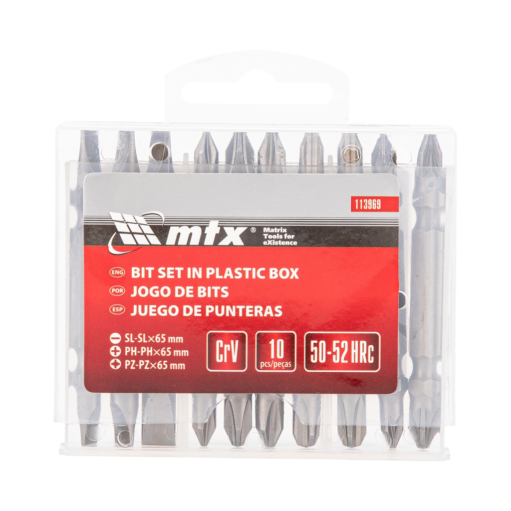 Bit set 65 mm, SL-SL, PH-PH, PZ-PZ, steel CrV, 10 pcs,, double-ended// MTX 113969