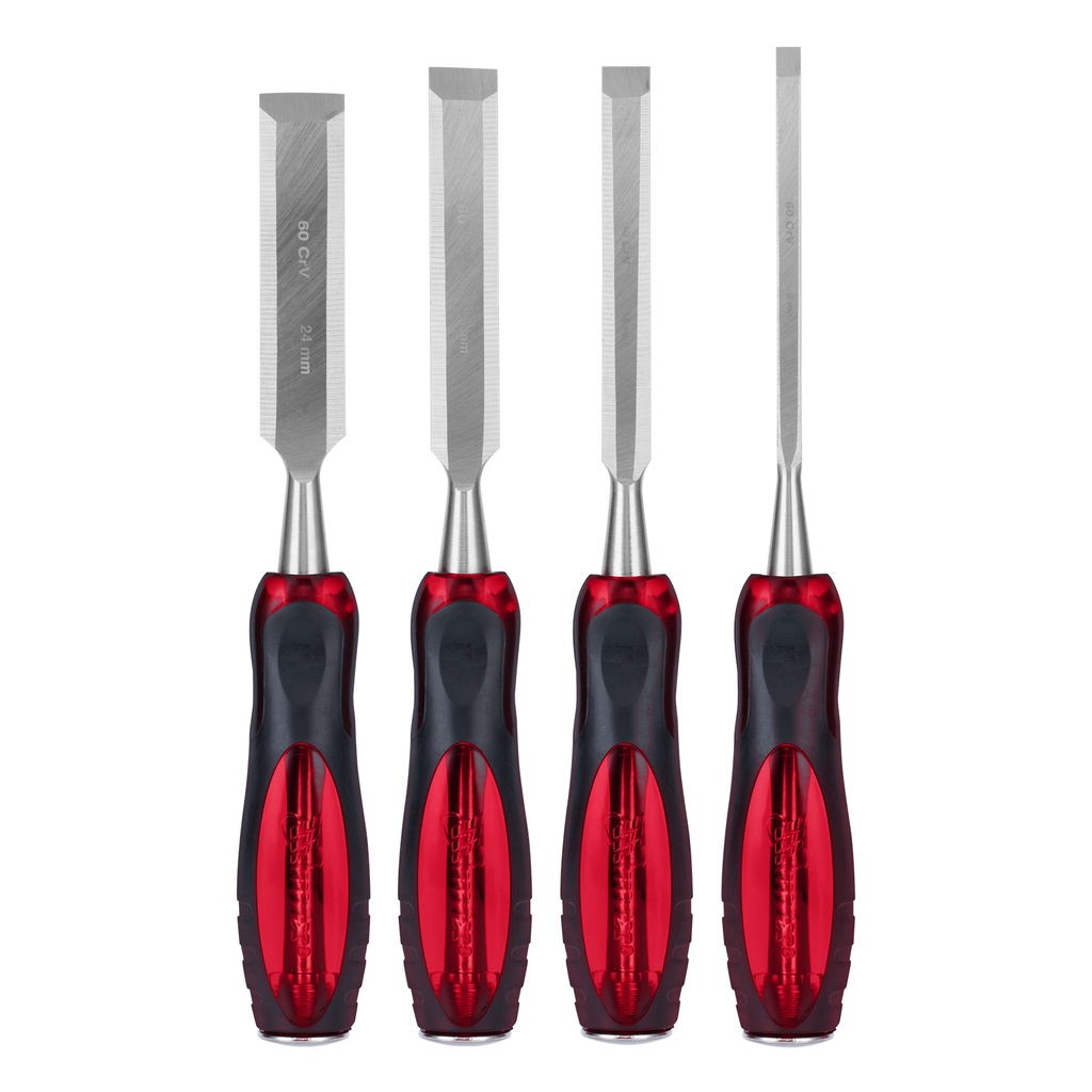 Wood chisel set, 4 pieces with rubberized handle, 6-12-18-24mm// MTX 244329
