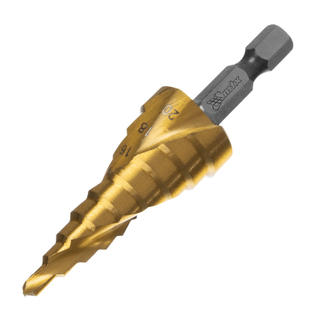 Step drill for metal, 4-6-8-10-12-14-16-18-20 mm, HSS, spiral profile, hex shank// MTX 723569