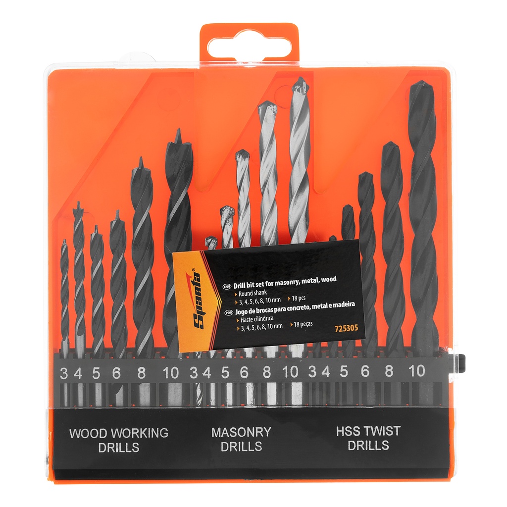 18 pcs Combination set 3-4-5-6-8-10mm (HSS+masonry+wood) in plastic box (C1802)// Sparta 725305