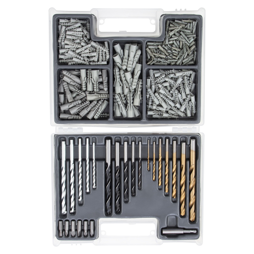 300 pcs, combination drill bit set (concrete 4-10mm, HSS 2-10mm, wood 4-10mm) + plugs// MTX 725779