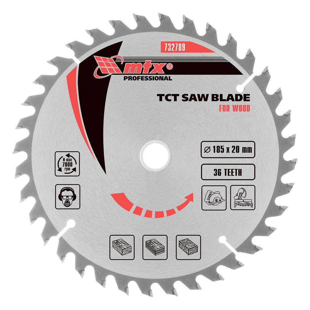 T,C,T, Saw blade for wood cutting, 185 х 20 mm, 36T + ring 20/16// MTX 732789