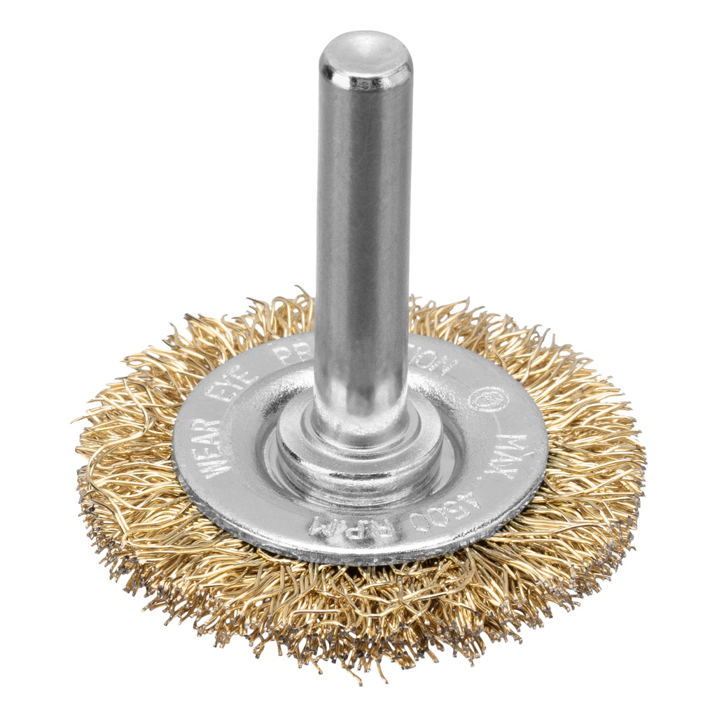 Crimped shaft-mounted wheel brush 40mm, 6mm shank, brass coated steel wire// MTX 744429