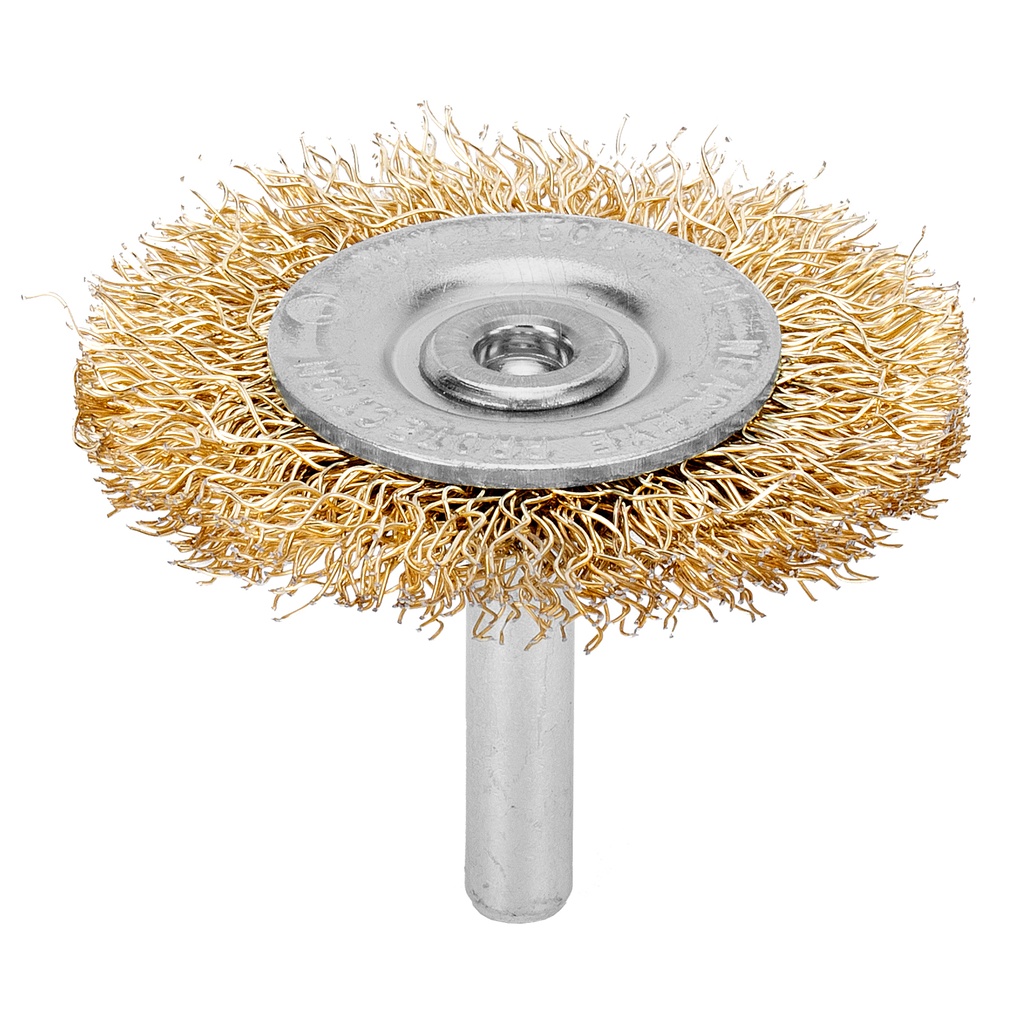 Crimped shaft-mounted wheel brush 50mm, 6mm shank, brass coated steel wire// MTX 744449