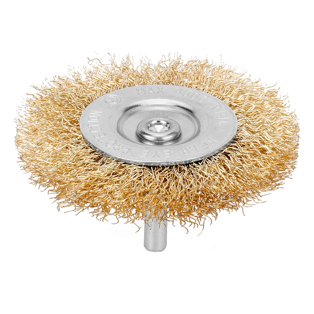 Crimped shaft-mounted wheel brush 60mm, 6mm shank, brass coated steel wire// MTX 744469
