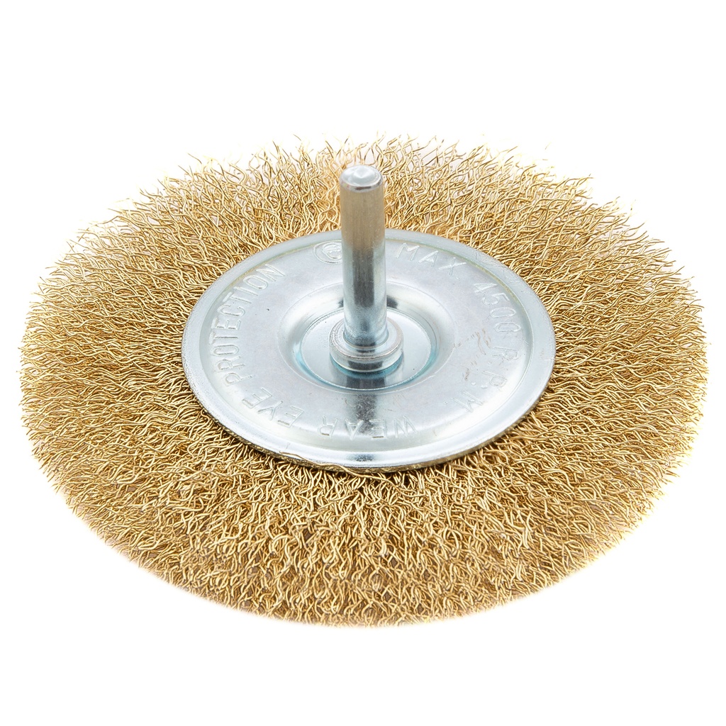 Crimped shaft-mounted wheel brush 100mm, 6mm shank, brass coated steel wire// MTX 744509