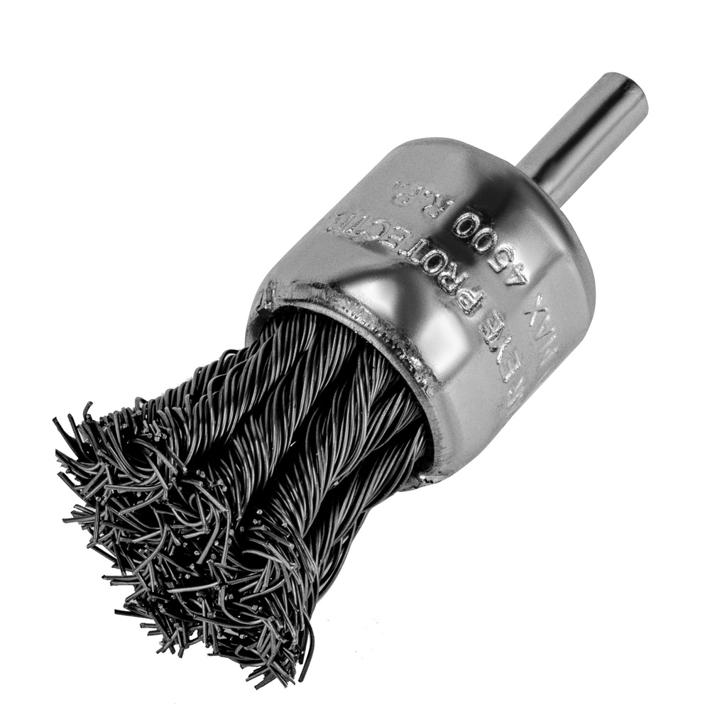 Twisted shaft-mounted cup brush 30 mm, 6mm shank, tempered steel wire// MTX 744669