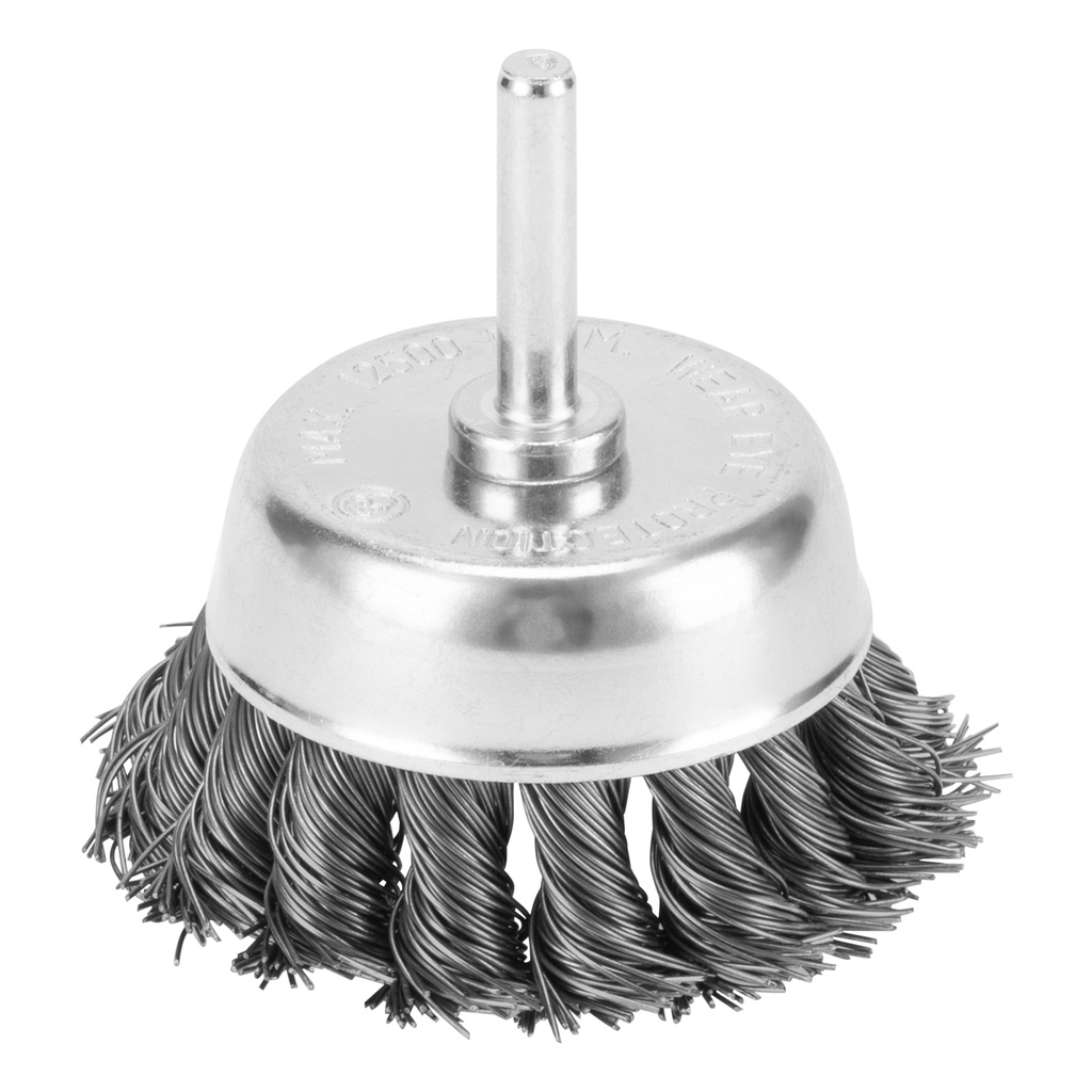 Twisted shaft-mounted cup brush 65 mm, 6mm shank, tempered steel wire// MTX 744689