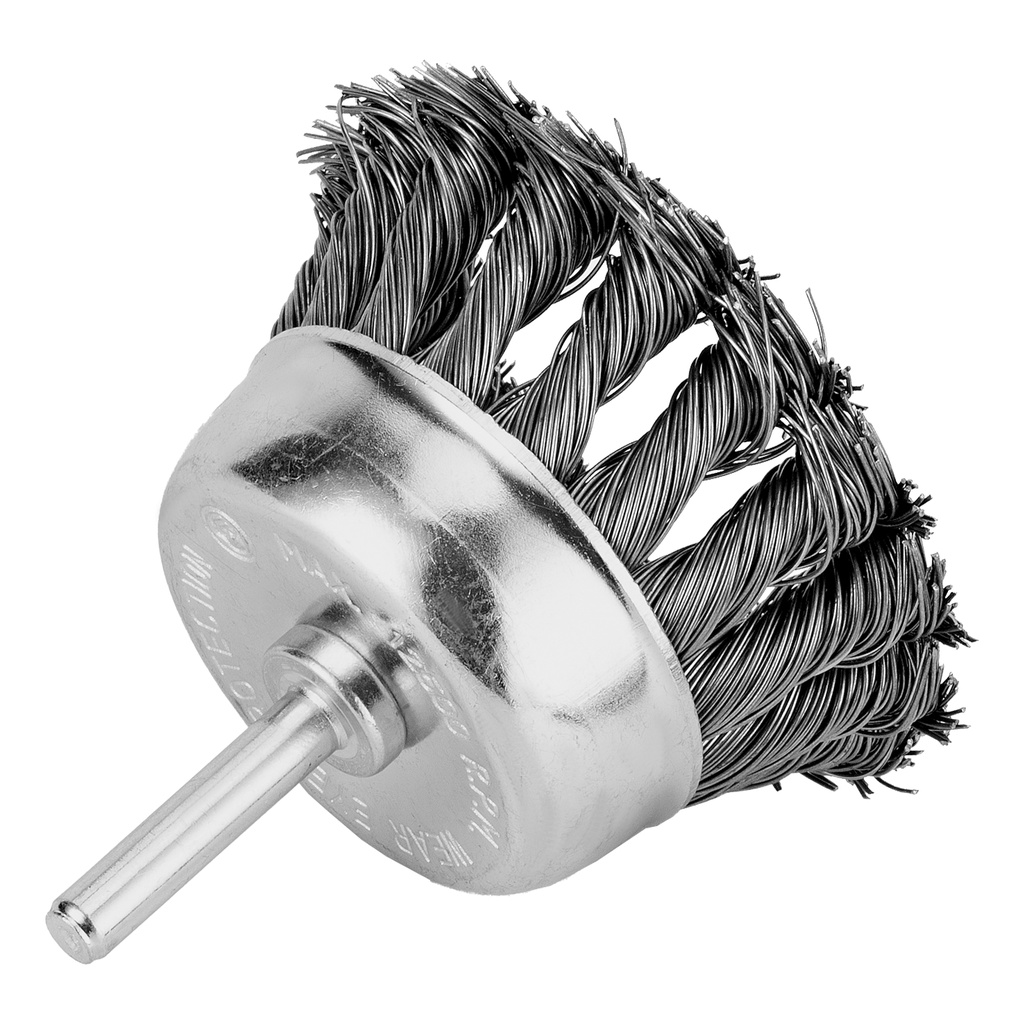 Twisted shaft-mounted cup brush 75 mm, 6mm shank, tempered steel wire// MTX 744709