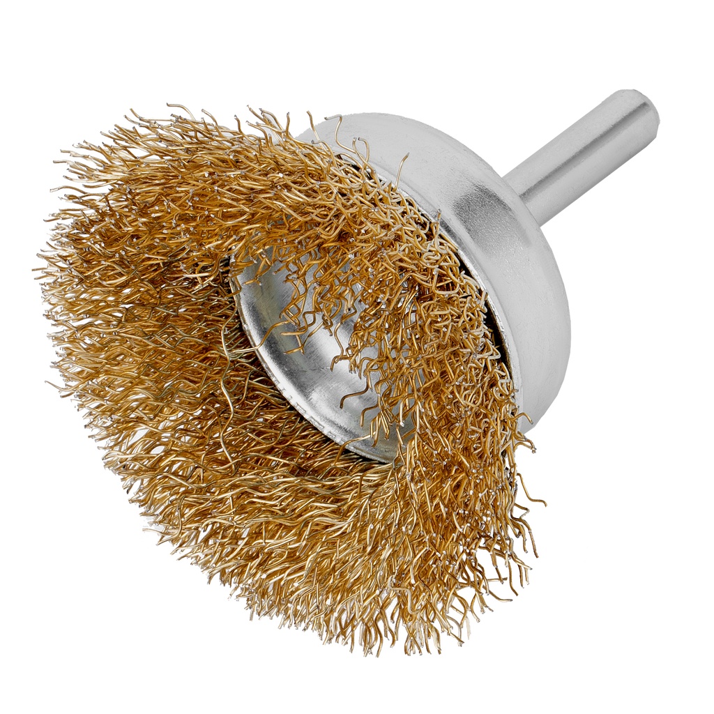 Crimped shaft-mounted cup brush 50 mm, 6mm shank, brass coated steel wire// MTX 744759