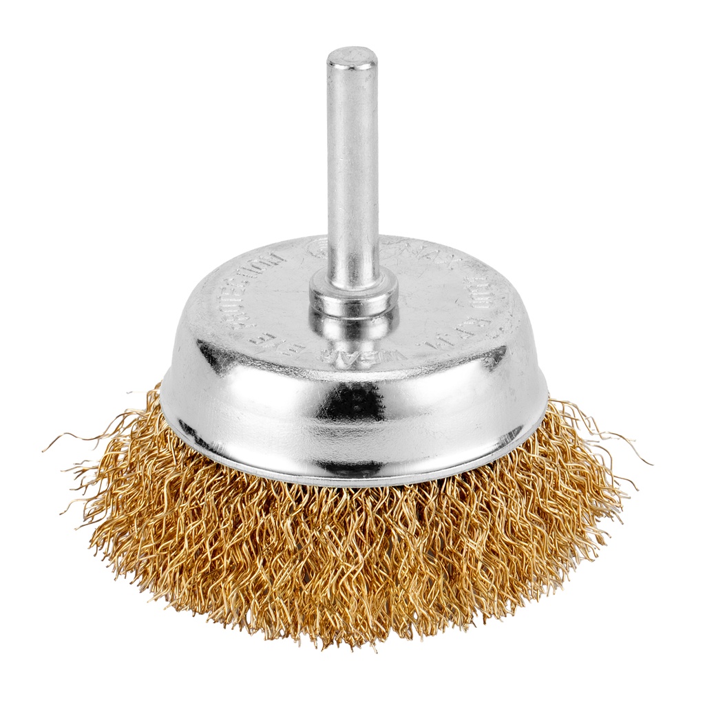 Crimped shaft-mounted cup brush 65 mm, 6mm shank, brass coated steel wire// MTX 744779