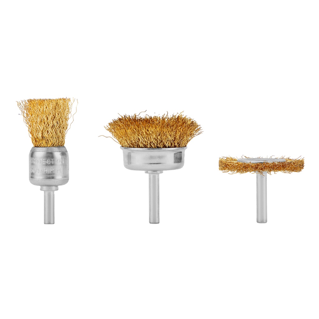 Steel wire brush set 3 pcs,, 1 flat brush 50 mm, 2 cup brush 25-50 mm, with shafts// MTX