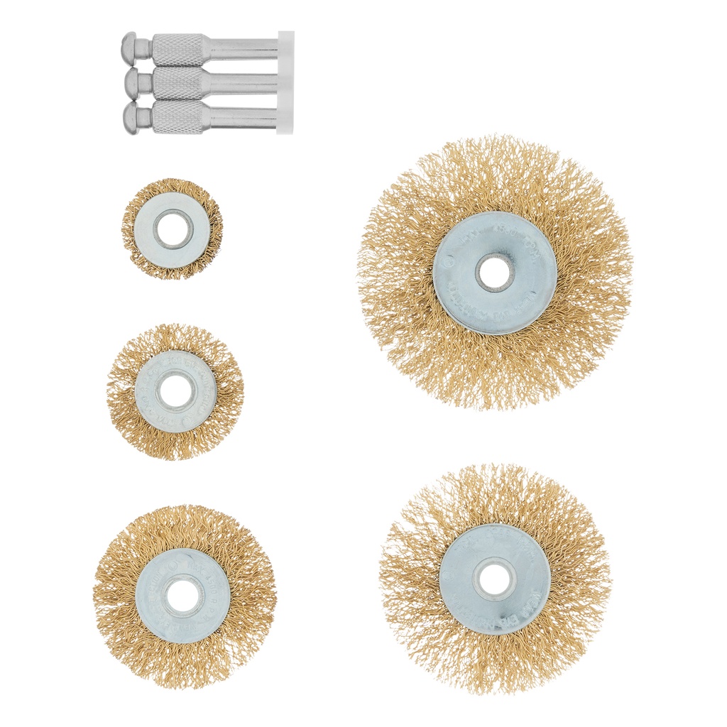 Steel wire brush set with shaft, 5 pcs,, 5 flat brush 25-38-50-63-75 mm, with shafts// MTX 744949