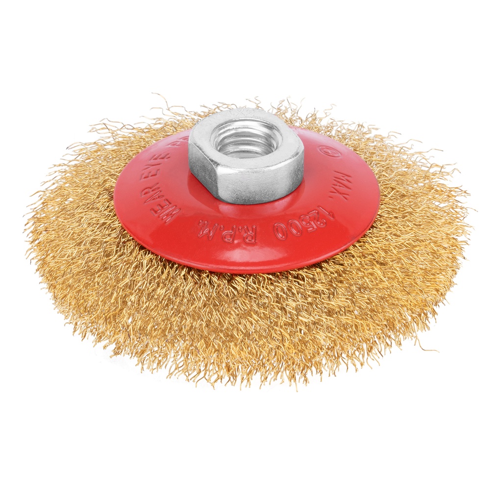 Crimped cup grinder brush, tapered 100 mm, М14, steel wire/