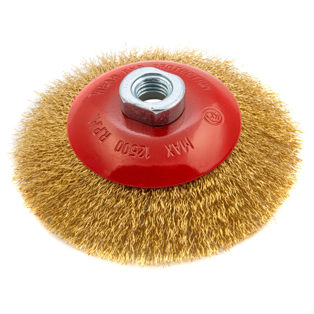 Crimped cup grinder brush, tapered 125 mm, М14, steel wire/