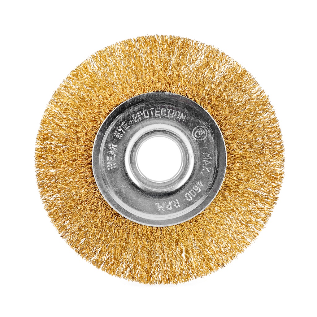 Crimped wheel grinder brush, 125 mm, arbor hole 22,2 mm, brass coated steel wire// MTX 746569