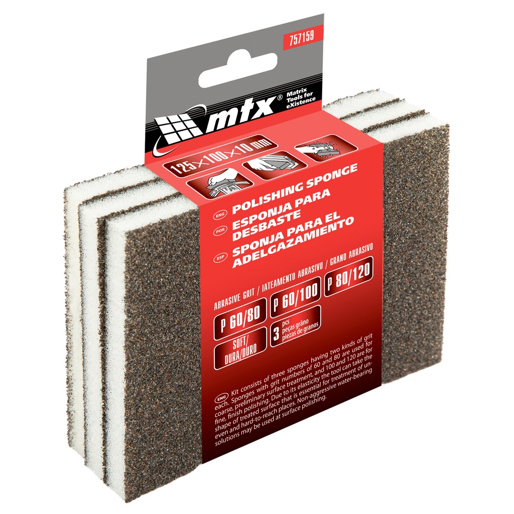 Grinding sponge, 125 х 100 х 10 mm, soft, Р 60/80, Р 60/100, Р 80/120, 3 pcs,// MTX 757159