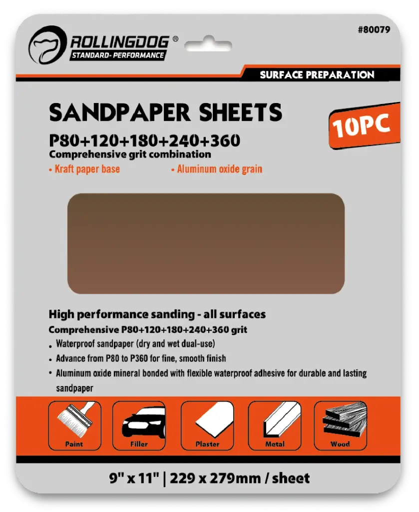RollingDog Sandpaper Assorted Grit P80/P120/P180/P240/P360, 229 × 279 mm, 10 pcs / Набор наждачной бумаги RollingDog P80/P120/P180/P240/P360, 229 × 279 мм, 10 шт.