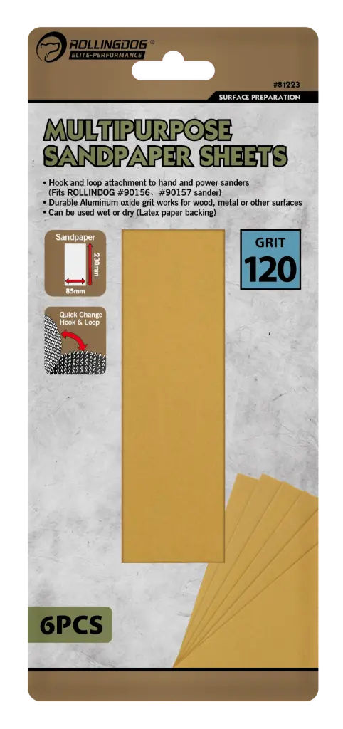 Rolling Dog Multipurpose Sandpaper Sheets (Grit P120) 6PCS / Наждачные листы (Зернистость P120) 6 шт, Art. 81223