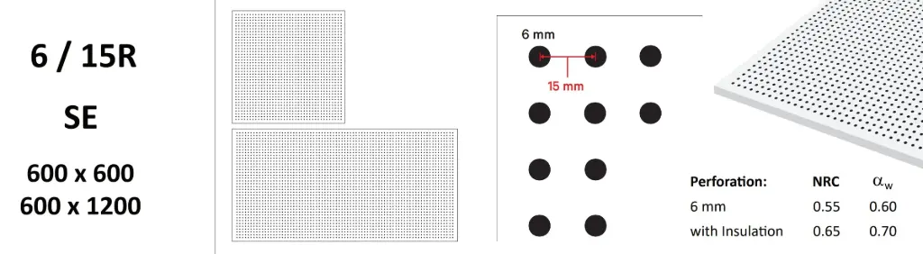 Gypsum Perforated Acoustic Ceiling Tile 6/15R 600 × 1200 mm, Square Edge