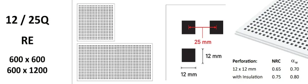 Gypsum Perforated Acoustic Ceiling Tile 12/25Q 600 × 600 mm, Reveal Edge