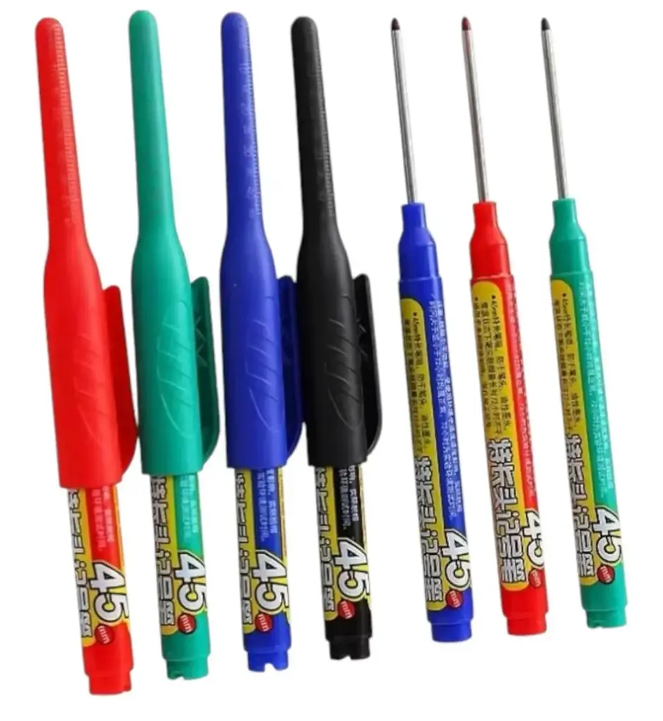 Deep Hole Marker Pen Set of pack of 4, Black, Blue, Red, Green, 45mm Long Head, Quick-Drying Waterproof, with Scale Sleeve, for Woodworking and Construction