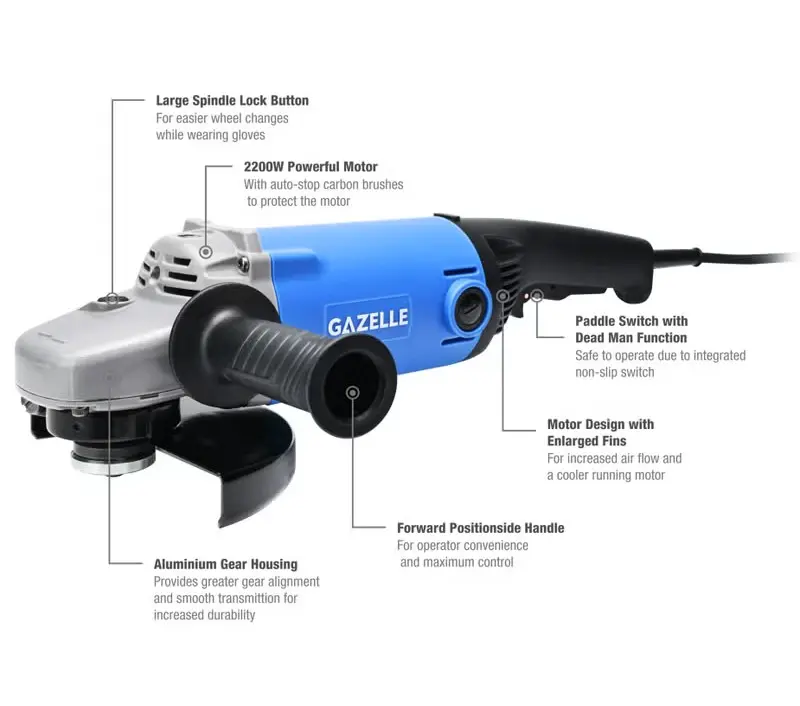 GAZELLE Angle Grinder, 220V, 7" (180 mm), Deadman/Paddle Switch, 2200W