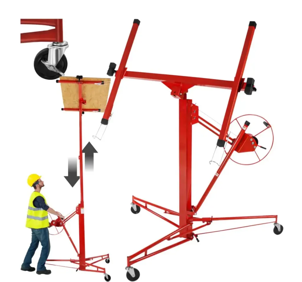 TECTAKE Plasterboard Lifter with Winch, Wheel Brake, Adjustable Load Arms, 68 kg Capacity