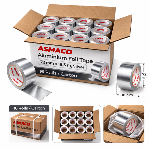 ASMACO Aluminium Foil Tape, 72 mm × 18.3 m, Silver (16 pcs/ctn)