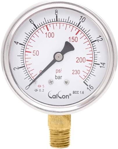 [B07MQPTLX2] Calcon Pressure Gauge, CC-10-A-63mm, 1/4 Inch NPT Bottom Connection 0+16 Bar / 0+230 PSI SS304 Casing, Tube or Socket - Brass