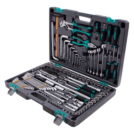 [14107] 142 pcs Tool kit 1/4", 3/8", CrV, 1/2" in plastic case// Stels 14107