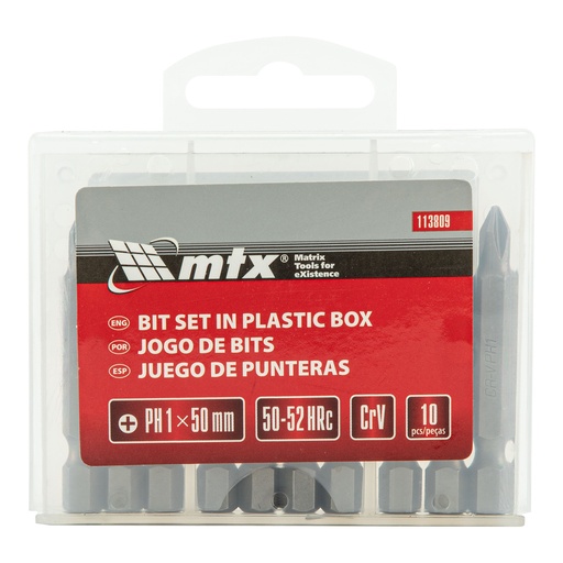 [113809] Bit set, PH1x50 mm, steel CRV, 10 pcs, in plastic case// MTX 113809