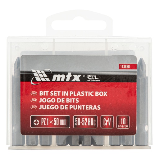 [113869] Bit set, PZ1 x 50 mm, steel CRV, 10 pcs, in plastic case// MTX