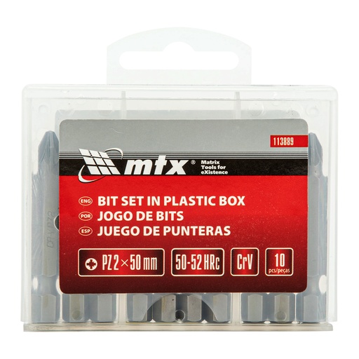 [113889] Bit set, PZ2 x 50 mm, steel CRV, 10 pcs, in plastic case// MTX