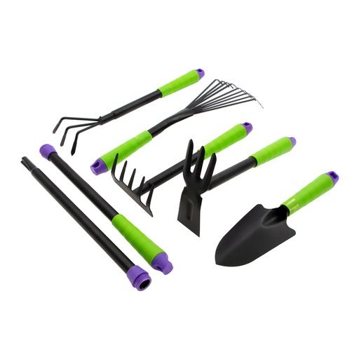 [630208] Garden tool kit 7 pcs (pan, fan rake, weeder, 5-teeth rake, hoe, lengthened handles kit)// PALISAD 630208