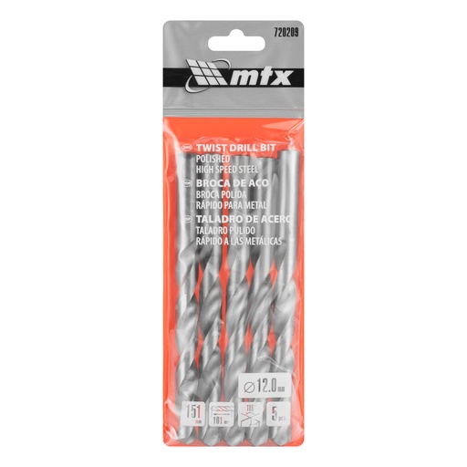[720209] Polished twist drill bit, 12 mm, HSS, 5 pcs// MTX