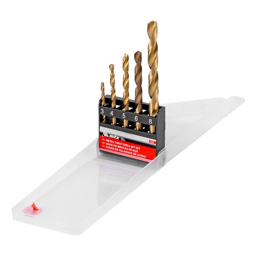 [723839] Metal drill set, 3–4–5–6–8mm, HSS, straight shank, 5pcs, nitride-titanium coating, plastic box//MTX