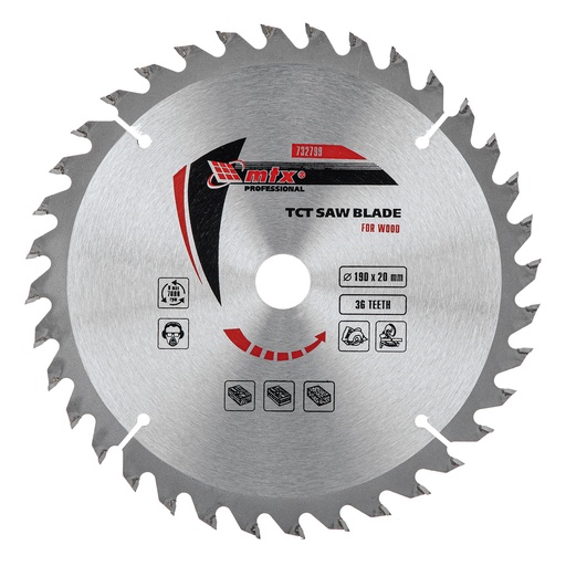 [732799] T,C,T, Saw blade for wood cutting, 190 х 20 mm, 36T + ring 20/16// MTX 732799