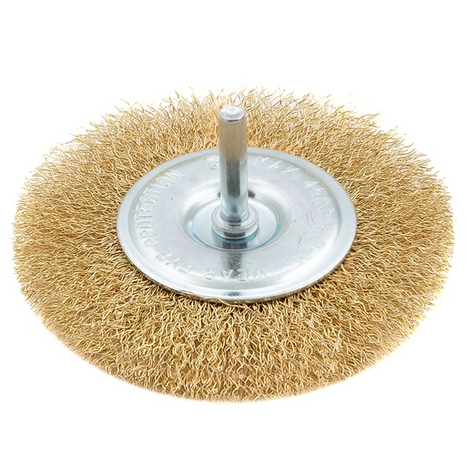 [744509] Crimped shaft-mounted wheel brush 100mm, 6mm shank, brass coated steel wire// MTX