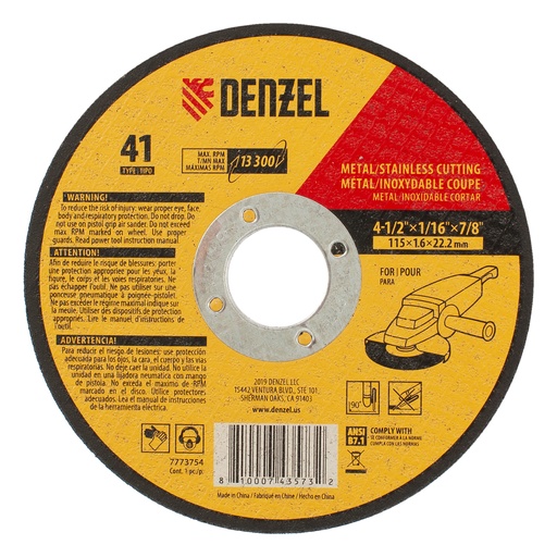 [7773754] Metal cutting wheel, Type 41-4 1/2" X 1/16" X 7/8"// Denzel 7773754