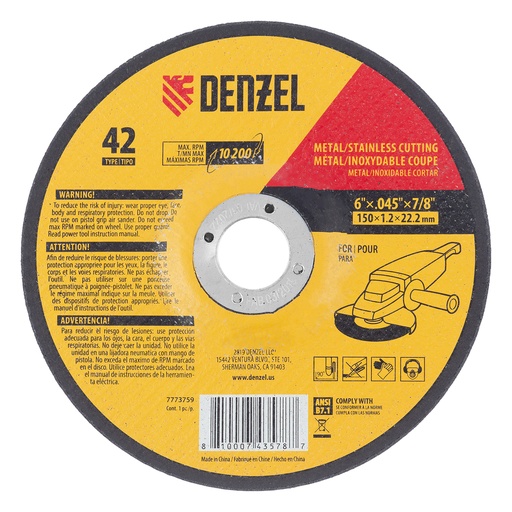 [7773759] Denzel Metal Cutting Wheel, 150 × 1.2 × 22.2 mm / Отрезной круг по металлу Дензел, 150 × 1,2 × 22,2 мм