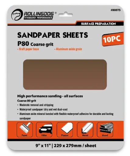[80075] RollingDog Sandpaper P80 229 × 279 mm, 10 pcs / Набор наждачной бумаги RollingDog P80 229 × 279 мм, 10 шт.