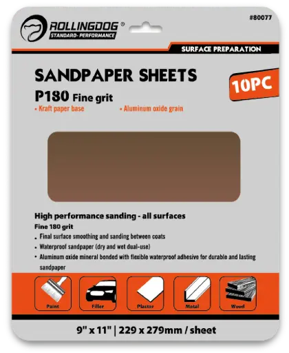 [80077] RollingDog Sandpaper P180 229 × 279 mm, 10 pcs / Набор наждачной бумаги RollingDog P180 229 × 279 мм, 10 шт.