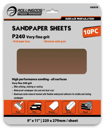 [80078] RollingDog Sandpaper P240 229 × 279 mm, 10 pcs / Набор наждачной бумаги RollingDog P240 229 × 279 мм, 10 шт.
