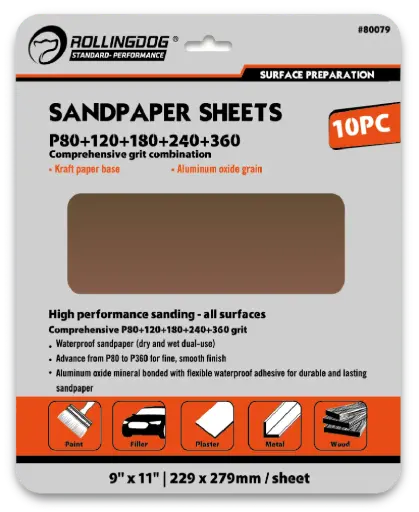 [80079] RollingDog Sandpaper Assorted Grit P80/P120/P180/P240/P360, 229 × 279 mm, 10 pcs / Набор наждачной бумаги RollingDog P80/P120/P180/P240/P360, 229 × 279 мм, 10 шт.